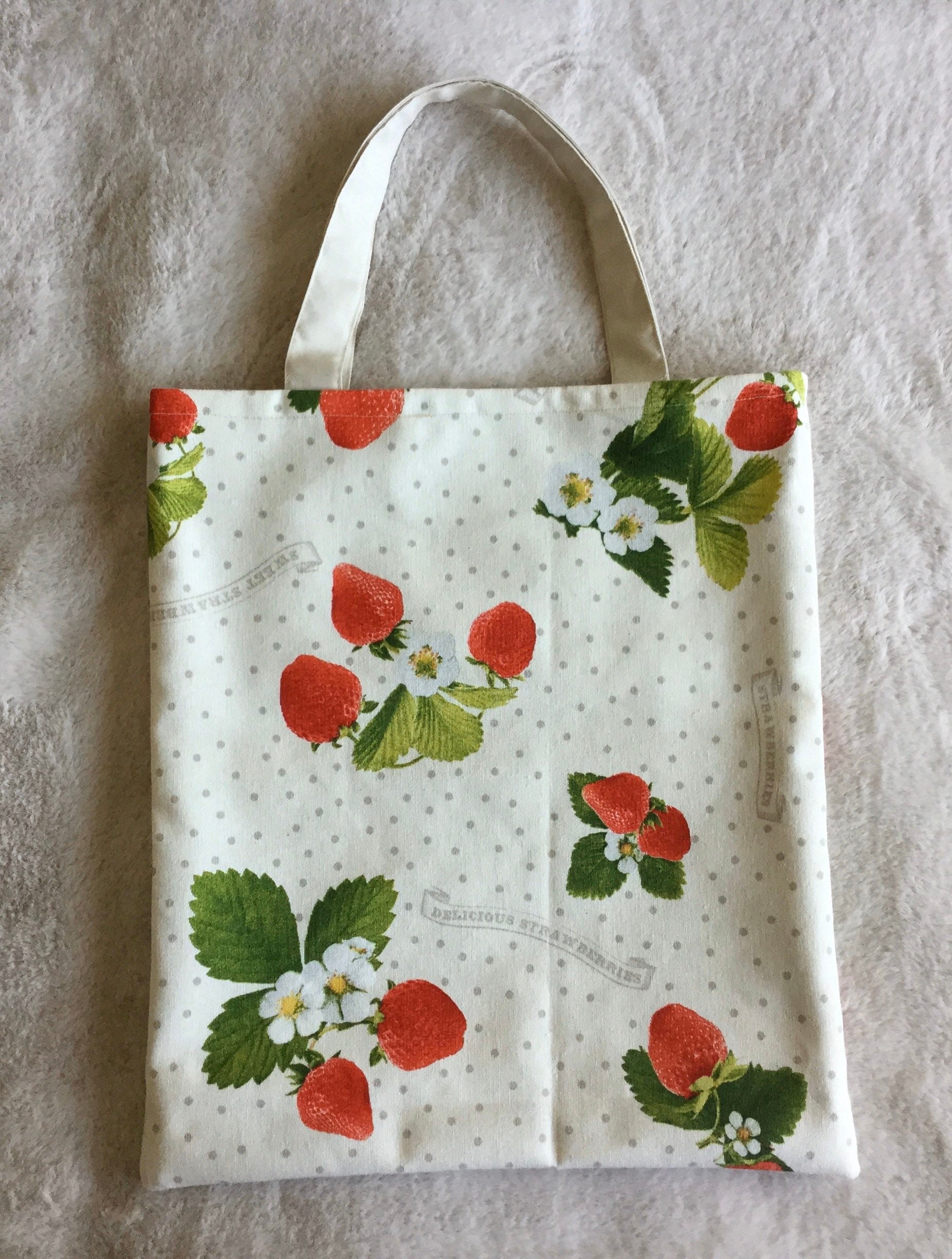 Handmade strawberry pattern cotton tote bag with lining and | Etsy