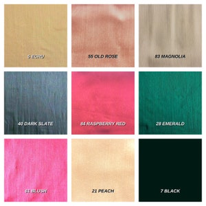 May include: Nine fabric swatches in different colors and textures, including ecru, old rose, magnolia, dark slate, raspberry red, emerald, blush, peach, and black. Each swatch has a number and color name printed below it.