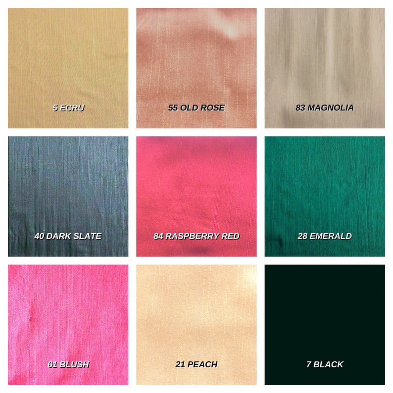 May include: Nine fabric swatches in different colors and textures, including ecru, old rose, magnolia, dark slate, raspberry red, emerald, blush, peach, and black. Each swatch has a number and color name printed below it.