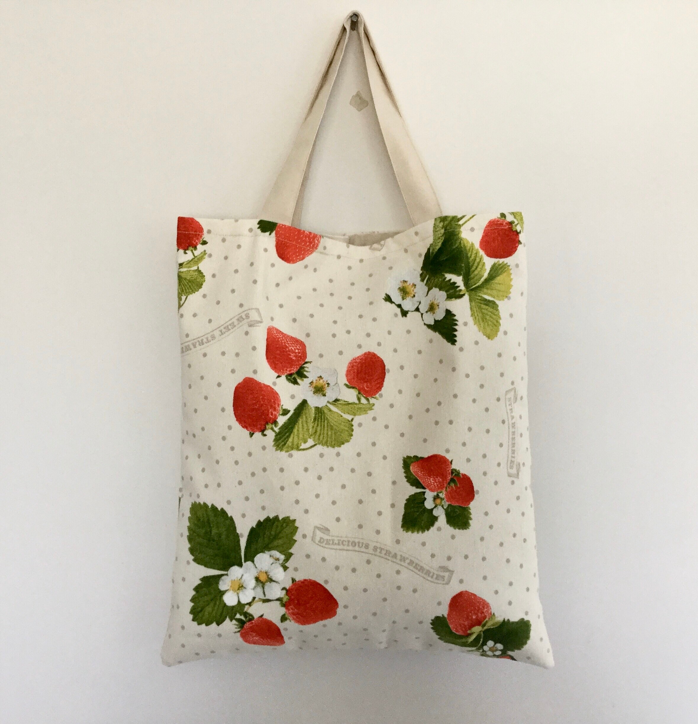 Handmade strawberry pattern cotton tote bag with lining and | Etsy