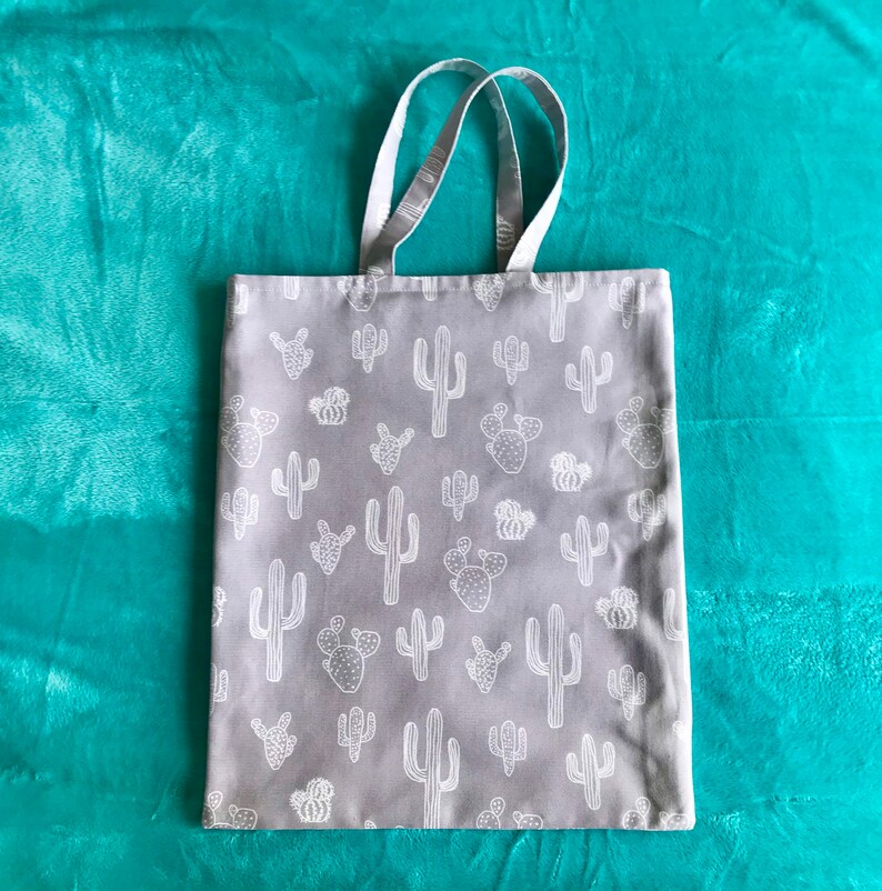 Handmade grey cactus print cotton tote bag with cotton lining