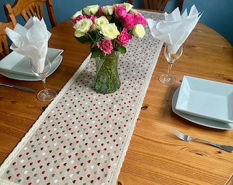 Valentines Hearts Table Runner Handmade Cotton Red Grey White Sparkle Lace