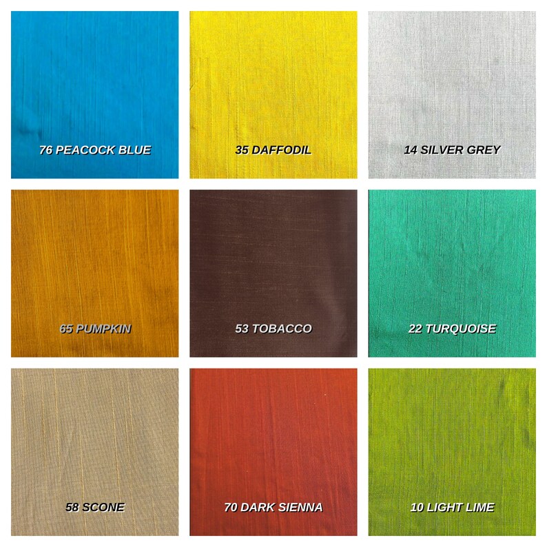 May include: A color chart with nine fabric swatches, each labeled with a number and a color name. The colors include peacock blue, daffodil, silver grey, pumpkin, tobacco, turquoise, scone, dark sienna, and light lime.