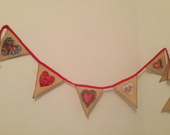 Handmade Hessian Bunting with Heart Appliqués Red