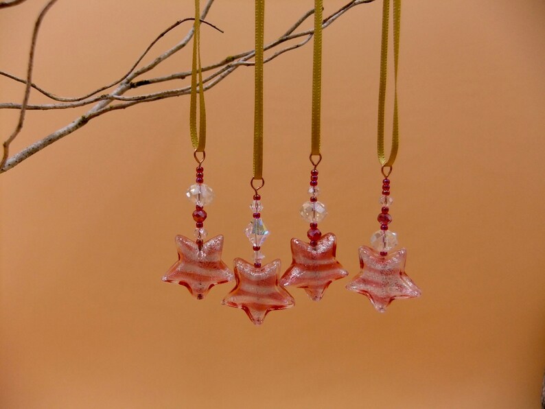 Raspberry Murano Decoration, Silver Foil Raspberry Stripe Stars, Set
