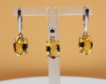 AAA-Quality Citrine Set, Semi Precious Gemstones, Landscape Collection, Handmade, Sterling Silver, Lever Back Earrings & Necklace