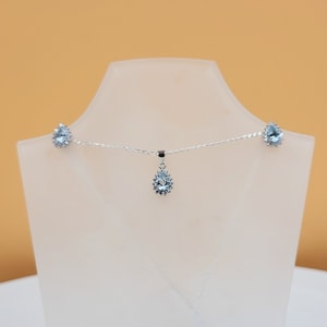 Aquamarine Zirconia Silver Set, Natural Aquamarine, Semi Precious, Gemstones and Cubic Zirconia, Sterling Silver, Stud Earrings & Necklace