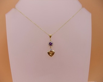 Amethyst Citrine Pendant with Cubic Zirconia, Sterling Silver Gold Plated Necklace