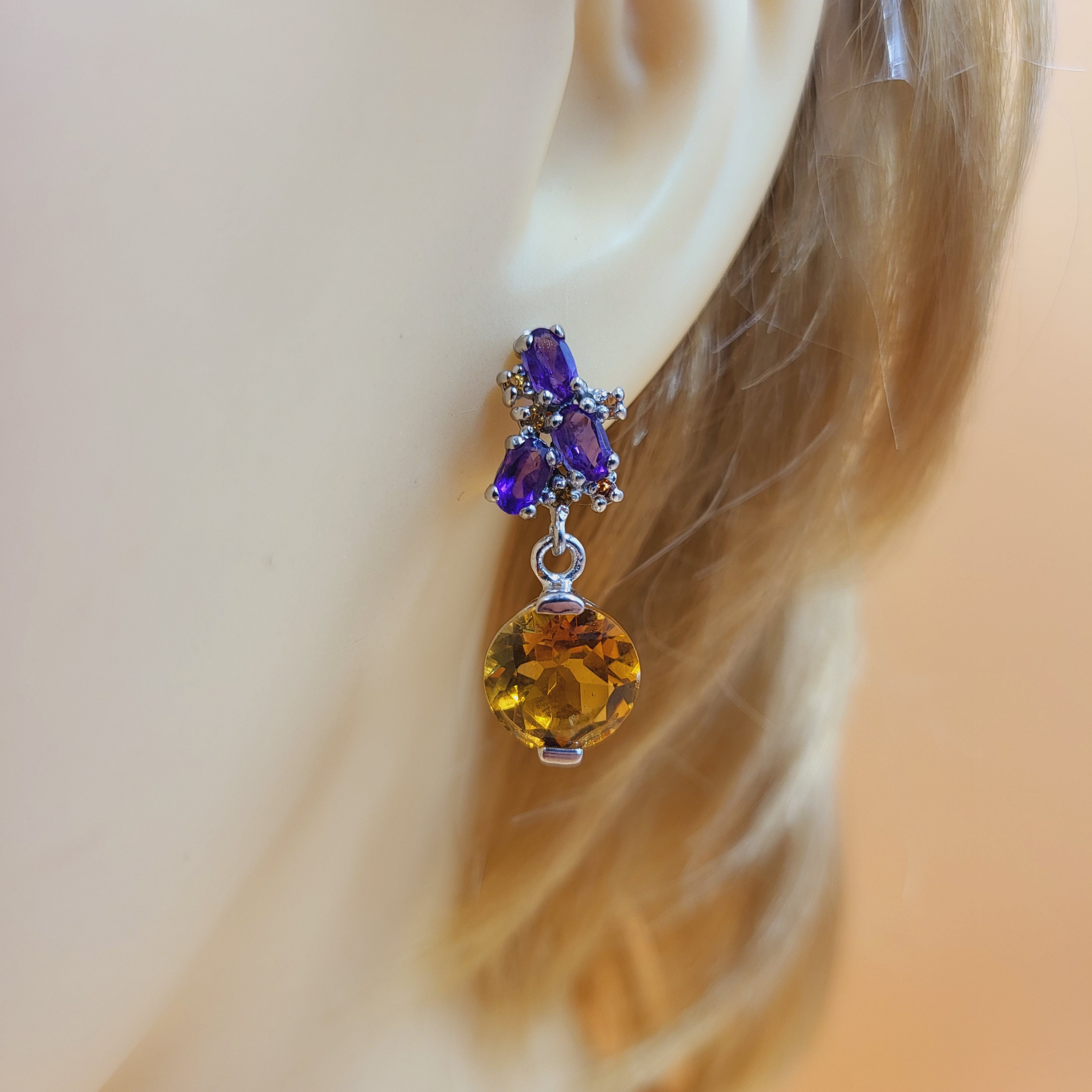Parure De Bijoux Faits Main Collier Et Boucles D'oreilles - Argent 925, Citrine Et Améthyste