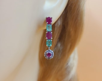 Pendientes colgantes de plata de ley con rubíes y esmeraldas, joyería barroca.