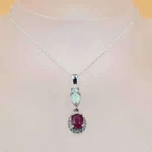 Natural Red Ruby & Ethiopian Opal Sterling Silver Gemstone Necklace With Cubic Zirconia