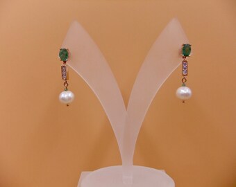 Emerald Pearl Earrings, Natural Gemstone Sterling Silver Rose Gold Plated