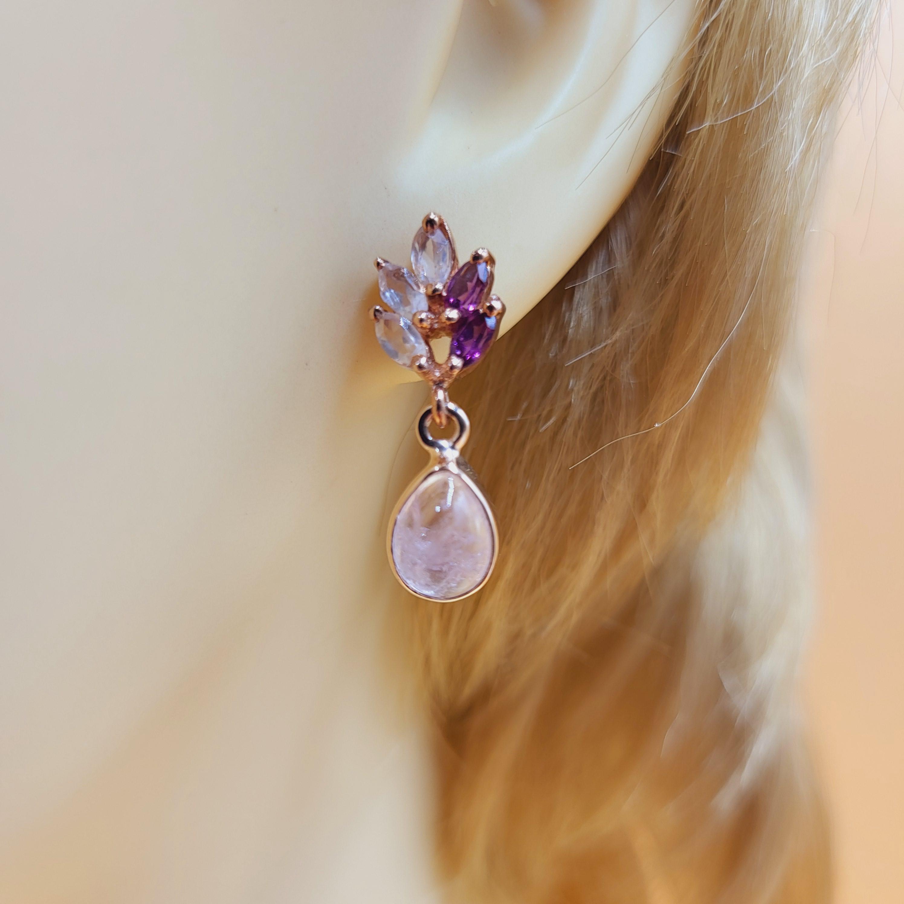 Orecchini in argento sterling 925 con quarzo rosa naturale e granato riodolite placcato oro rosa - Italia