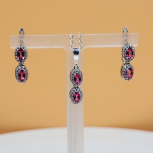 Pink Topaz Set, Sterling Silver, Natural Semi Precious Gemstones with Cubic Zirconia,  Lever Back Earrings & Necklace, Piccolo Collection,