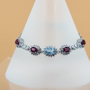 Ruby Silver Bracelet with Natural Blue Topaz & Red Ruby Gemstone Sterling Silver Handmade Bracelet With Cubic Zirconia