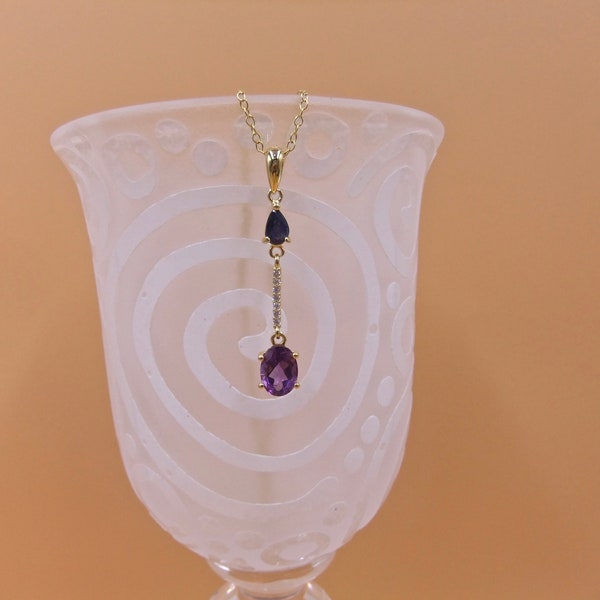 Sapphire Amethyst Necklace, with Cubic Zirconia Sterling Silver Gold Plated Necklace