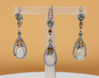 Opal-Saphir-Set, Zirkonia, äthiopischer Opal, grüne und gelbe Saphire, Landschaftskollektion, Ohrringe mit Hebelverschluss, Halskette
