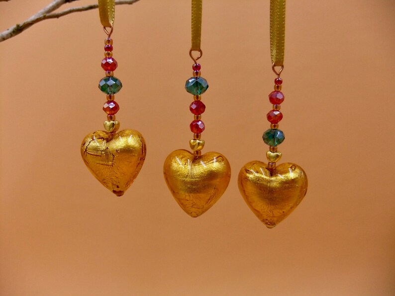 Gold Murano Decoration, Hearts, Set Three, Handmade Christmas Tree