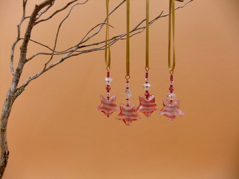 Raspberry Murano Decoration, Silver Foil Raspberry Stripe Stars, Set