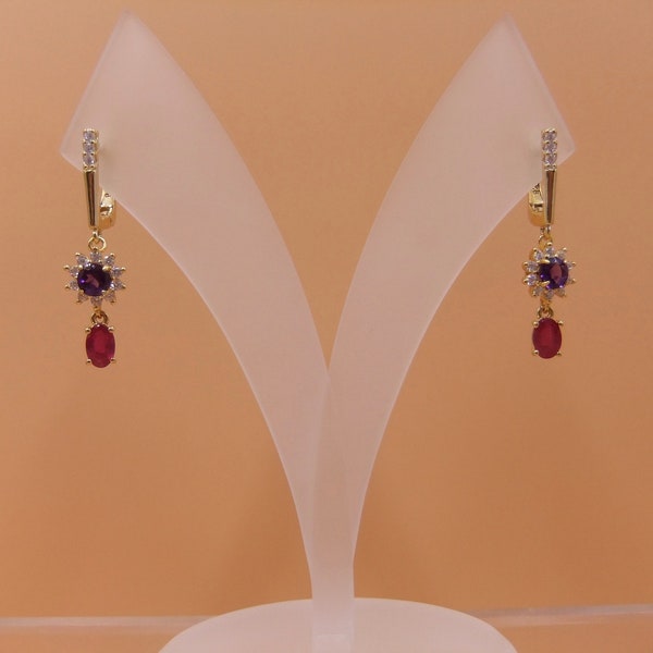 Ruby Amethyst Earrings, Cubic Zirconia, Sterling Silver Earrings, Gold Plated