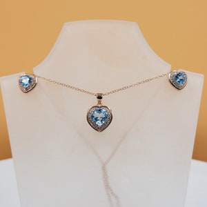 Conjunto de topacio en forma de corazón, circonita cúbica, chapado en oro rosa, piedra preciosa semipreciosa, hecho a mano, plata de ley, pendientes y collar