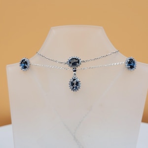 London Blue Topaz Set, Natural Semi Precious Gemstones, Cubic Zirconia, Handcrafted Sterling Silver, Stud Earrings, Necklace & Bracelet