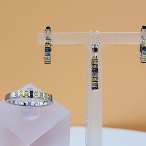 Natural Sapphire Set,  Blue, Lemon, Orange Sapphires, Gemstones & Cubic Zirconia, Sterling Silver, Matching Necklace, Earrings, Ring