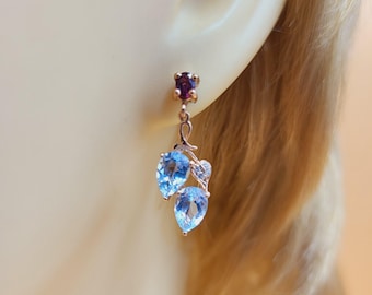 Rhodolite Granat & Sky Blue Topas Ohrringe, Rosevergoldetes Sterlingsilber