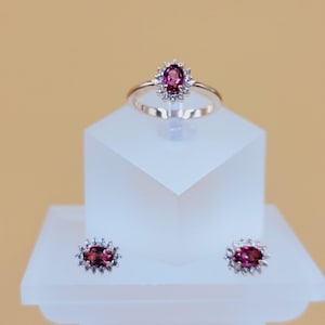 Pink Topaz Jewellery-Set, Cubic Zirconia, Rose Gold Plated Sterling Silver,  Semi Precious Gemstones, Handmade Stud Earrings & Size N Ring