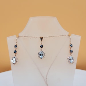 Topaz Aquamarine Set, Natural London Blue Topaz, Rose Gold Plated Sterling Silver, Cubic Zirconia, Earrings & Necklace, Landscape Collection
