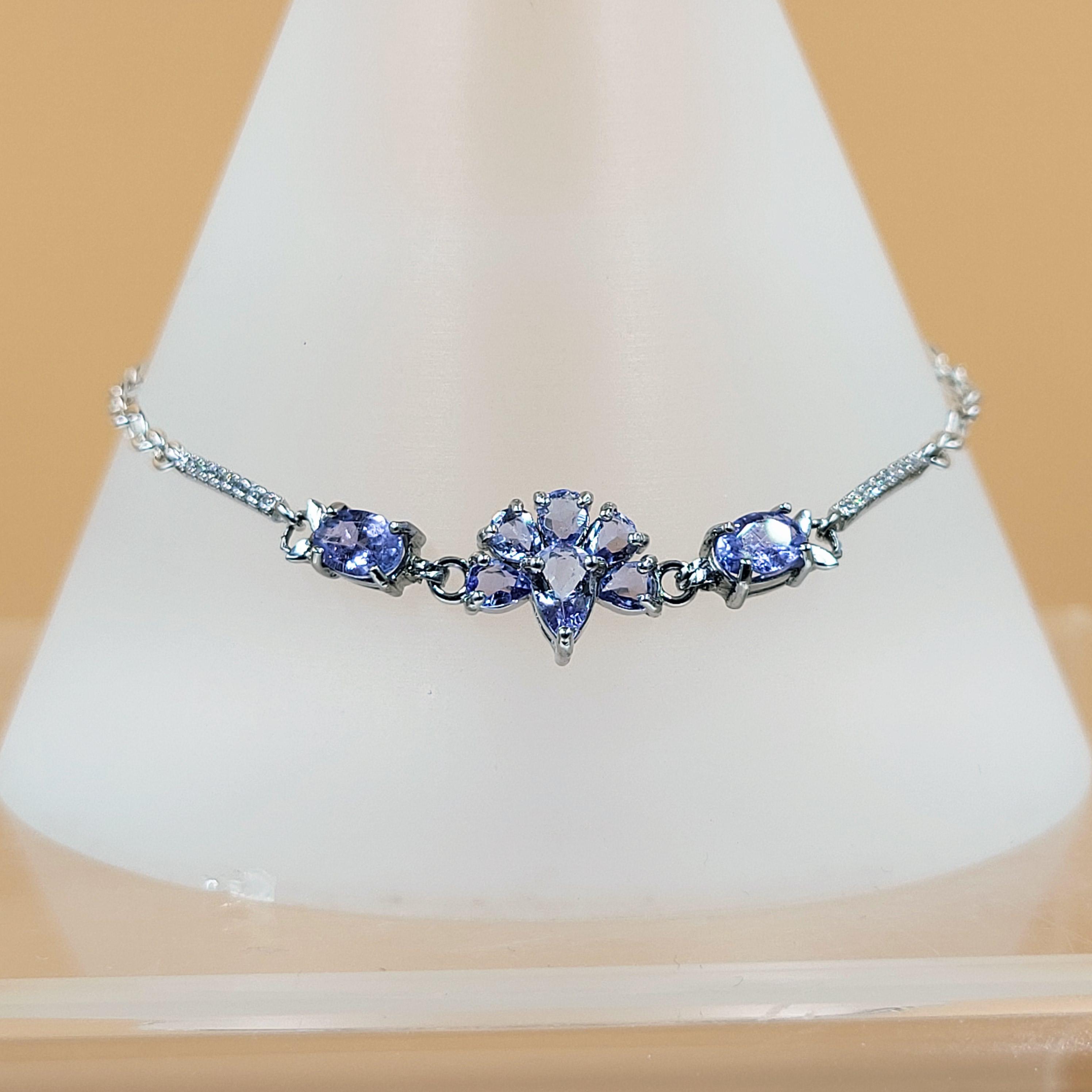 ハンドメイドスターリングシルバータンザナイト天然宝石ブレスレット 