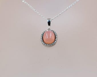 Pink Ethiopian-Opal Pendant, Cubic Zirconia, Semi Precious Cabochon Gemstone, Handmade Jewellery, Sterling Silver, Necklace