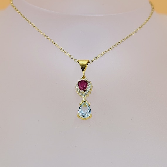 Collier Ancien Coeur Plaqué Or Avec Rubis Et Topazes - Pendentif Romantique, Occasion, Origine France