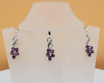 Rhodolit Rosa Lila Granat Smyckeset i Sterlingsilver, Barockörhängen & Halsband