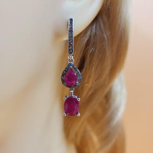 Handmade Baroque Ruby Sapphire Earrings, Sterling Silver Lever-Backs Anniversary