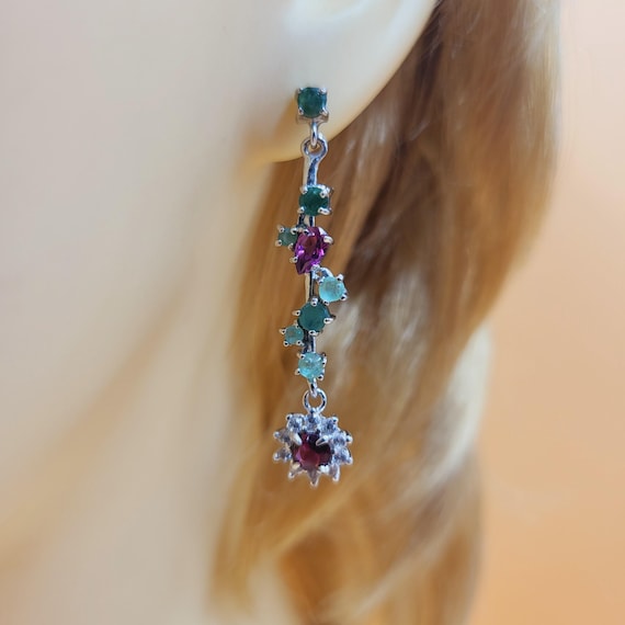 Emerald Garnet Natural Gemstone Sterling Silver Handcrafted Drop Earrings