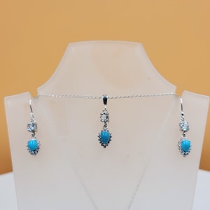 Conjunto de turquesa y aguamarina, circonita cúbica, piedras semipreciosas, colección Piccolo, joyería hecha a mano, plata de ley, collar y pendientes