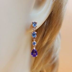 Pendientes colgantes de topacio y amatista, circonita cúbica, topacio azul cielo, piedras semipreciosas, colección Piccolo, plata de ley, pendientes colgantes