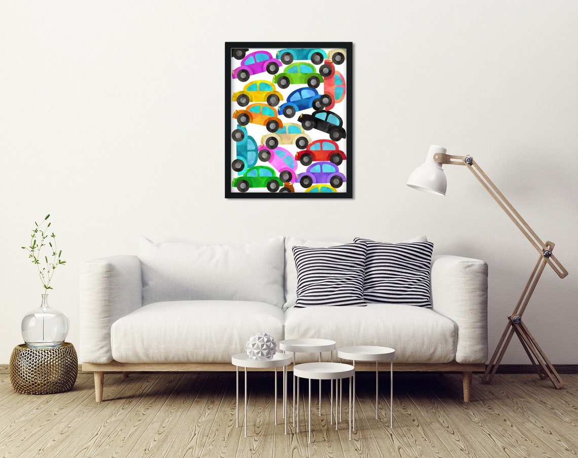 Cute car print baby boy nursery decor. Colorful car wall art | Etsy