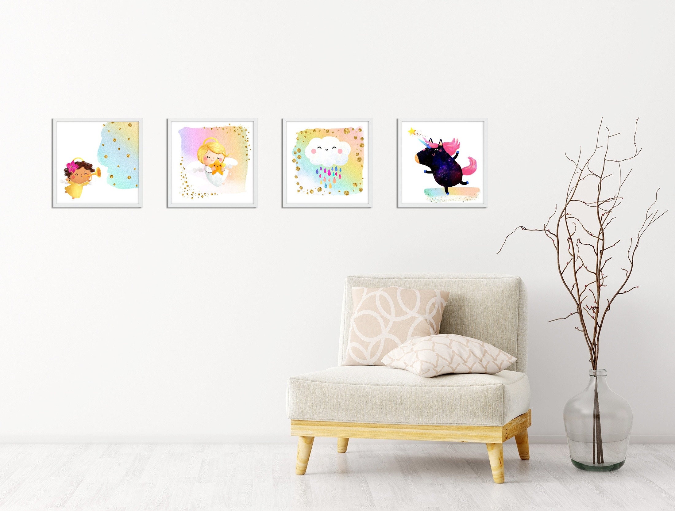 Cute angel bedroom wall art. Set of 4 square prints baby girl Etsy