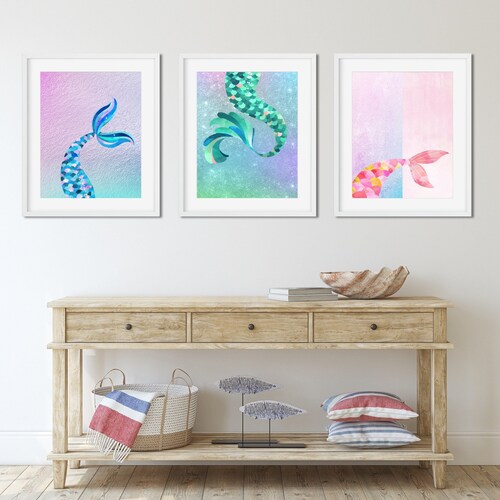 Mermaid Watercolor Poster Set of 3 Mermaids Mermaid Wall Decor Etsy