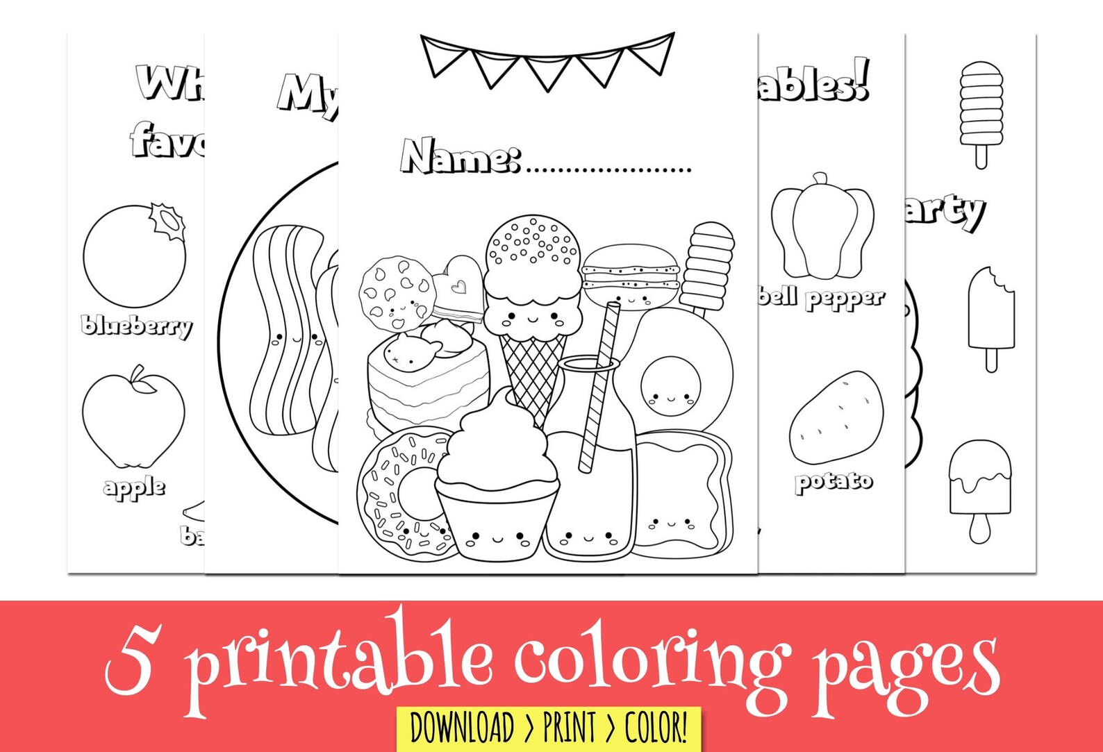 Cute food art with faces printable coloring pages for kids. | Etsy