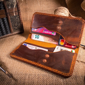 Lange Herrenbrieftasche, Braune Brieftasche, Handgefertigte Brieftasche für Papa, Kreditkarteninhaber, Herrengeburtstagsgeschenk