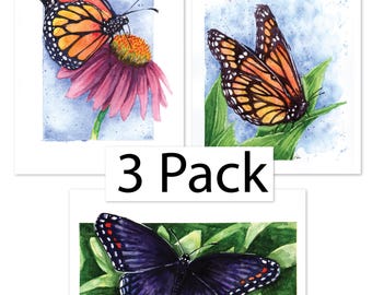 Láminas de acuarela de la mariposa monarca azul morfo – Pack de 3 láminas de arte de la naturaleza