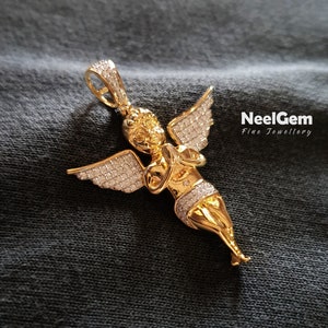 10Kt Gold Moissanite Baby Angel Pendent, Religious Christian Angel Pendant, 10Kt Gold Baby Angel Women/Men Pendant, Religious, Ready to ship