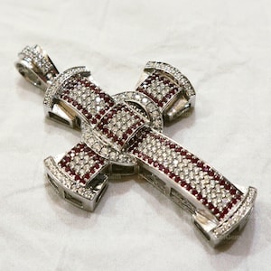 3Ct Ruby Cross Pendant for Men | Simulated Ruby | Real Moissanite Diamond Test Pass | 2.5 Inch | 925 Sterling Silver | Ruby Cross Pendant