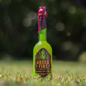 Decorative potion Greek fire, Ancient mythical fire, Handmade magic potion, UV green fantasy flask, Handmade fantasy object