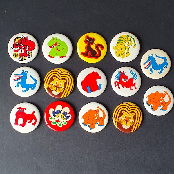 Set Of Soviet Pin Badges, USSR Pin Badges, Collectible Badges, Crocodile, Squirrel, Bulldog, Hippo, Retro Pin Badges, Vintage Pin Badge