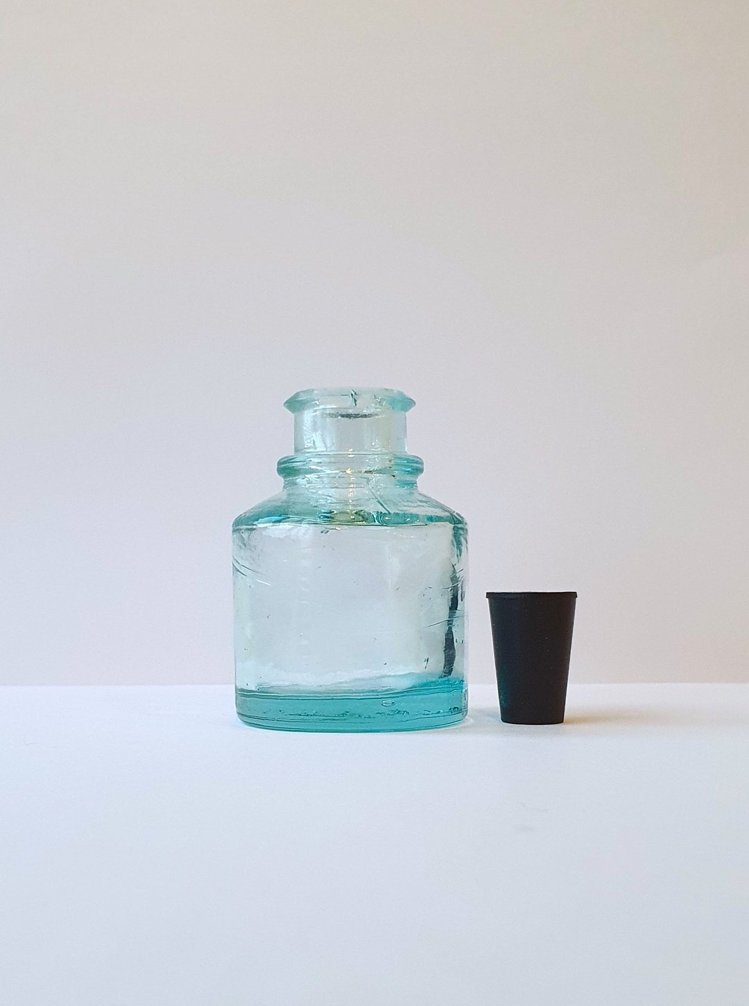 Vintage Ink Barrel, Vintage Inkwell Pot, Old Green Glass Ink Bottle, Little Glass Ink Barrel