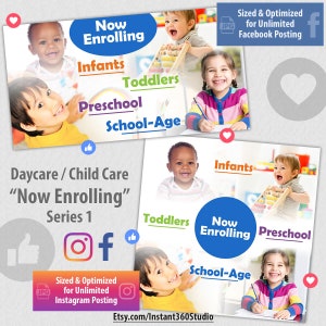チャイルドケア入会受付中テンプレート、デイケア入会受付中テンプレート、Facebook / Instagram チャイルドケアバナーデザイン